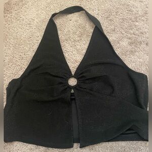 Black shimmery halter top with front slit opening